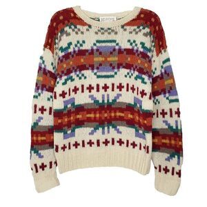 Vintage 80s Melbourne Wool Sweater S Red Orange Blue Geometric Aztec Southwest
